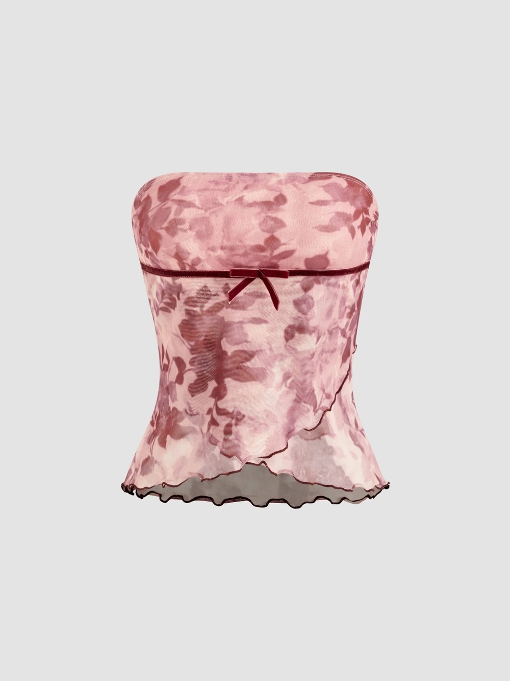 Cider Strapless Floral magenta mesh tube top with velvet bow detail